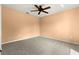 Peach painted bedroom features a ceiling fan and carpeted flooring at 22118 Yachtclub Ter, Land O Lakes, FL 34639