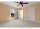 This bedroom features a ceiling fan, neutral carpet, and natural light from a window at 22118 Yachtclub Ter, Land O Lakes, FL 34639
