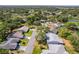 An aerial view of a residential community showcases the neighborhood layout with tree-lined streets and lush landscaping at 2327 Morning Glory Trl, Spring Hill, FL 34606