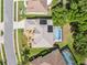 Aerial view of home with solar panels, screened-in pool, and manicured landscaping at 4080 Gevalia Dr, Brooksville, FL 34604