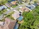 High-angle aerial shot showcasing neighborhood streets, manicured lawns, and screened-in pools nestled in a verdant setting at 4080 Gevalia Dr, Brooksville, FL 34604