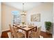 This dining room features a decorative chandelier, a modern art painting, and dark wood floors at 4080 Gevalia Dr, Brooksville, FL 34604
