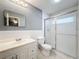 Bathroom featuring a single vanity and a shower with glass doors at 5147 Larch Ln, New Port Richey, FL 34653