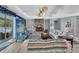 Bright living room with a stone fireplace, comfortable seating, and a seamless transition to the backyard at 7495 Birdland Cres, Spring Hill, FL 34607