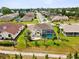 Aerial view of house with screened-in pool, patio, landscaping, in a beautiful neighborhood at 8137 Morning View Dr, Hudson, FL 34667