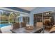 Screened-in patio featuring a dining table and chairs overlooking the inviting backyard pool at 8514 Ashbury Dr, Hudson, FL 34667