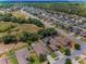 Aerial view showing houses with pools, green lawns, and mature trees in a residential neighborhood at 10106 Tolman Dr, Hudson, FL 34667
