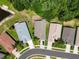 Aerial view of roofs of homes in a neighborhood setting with landscaped yards and street at 1119 Dustan Pl, Trinity, FL 34655