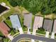 Aerial view of homes in a well-manicured neighborhood with lush landscaping and mature trees, and a neighborhood pond at 1119 Dustan Pl, Trinity, FL 34655