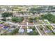 Wide aerial view of a lovely home with a fenced yard and screened pool on a quiet tree-lined street in a suburban neighborhood at 13373 Lawrence St, Spring Hill, FL 34609
