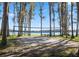 Volleyball court near the lake with a picturesque view, picnic tables, and tall trees at 1700 Beachway Ln, Odessa, FL 33556