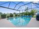 A screened-in pool boasts a clear blue pool and a tranquil view of the golf course and palm trees at 18209 Breland Dr, Hudson, FL 34667