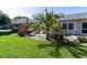 A home's backyard is adorned with tropical trees and a green lawn at 3819 Teeside Dr, New Port Richey, FL 34655
