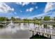 Scenic pond view with a water fountain, docks and seating, with a serene waterfront ambiance at 4934 Amherst Ct, New Port Richey, FL 34652