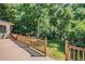 Wooden deck with railings overlooking a lush, green backyard at 663 Turnberry Ct, Tarpon Springs, FL 34688
