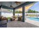 Spacious backyard patio with comfortable seating and view of the refreshing pool at 733 Old Windsor Way, Spring Hill, FL 34609