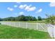 Expansive backyard featuring a well-kept lawn and a white picket fence, offering ample outdoor space at 779 Nodding Shade Dr, Brooksville, FL 34604