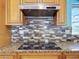 Close up of cooktop and range hood in kitchen with tiled backsplash and granite countertops at 10228 Beechcraft St, New Port Richey, FL 34654