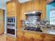 Close up of kitchen area with stainless steel oven and cooktop and granite countertops at 10228 Beechcraft St, New Port Richey, FL 34654