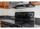 Close-up of the electric range with granite countertops and stainless steel microwave oven at 3410 Thistledown Ln, Land O Lakes, FL 34638