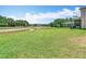 Expansive backyard with lush green lawn and view of community pond and golf course at 4207 Fishermans Lake Dr, Lutz, FL 33558