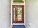 Elegant wooden front door with decorative glass panels and sidelight, framed by a neutral stucco exterior at 4207 Fishermans Lake Dr, Lutz, FL 33558