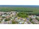 Residential community homes with mature trees bordering lush green space and a pond at 7827 Starfire Way, New Port Richey, FL 34654