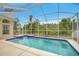 This screened-in pool is surrounded by lush landscaping at 7827 Starfire Way, New Port Richey, FL 34654