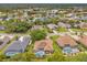 Aerial view of a charming neighborhood featuring homes with screened pools, well-manicured lawns, and mature trees at 9245 Grand Cypress Dr, Spring Hill, FL 34613