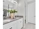 Bright bathroom with double vanity, white cabinets, and decorative greenery at 3056 Abrams Trl, Odessa, FL 33556