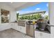 Outdoor kitchen features stainless steel grill, sink, mini fridge, and granite countertops at 3915 Corsica Pl, Wesley Chapel, FL 33543