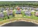 An aerial view showcasing the backyard overlooking a serene lake at 4188 Barbour Trl, Odessa, FL 33556