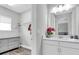 Bright bathroom with a modern vanity, decorative accents, and an adjoining closet for storage at 4188 Barbour Trl, Odessa, FL 33556