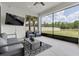 Screened patio featuring modern furniture and large windows with a view of the backyard at 4188 Barbour Trl, Odessa, FL 33556