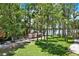 Scenic backyard features a charming red shed, tall trees, green lawn and a glimpse of the lake creating a tranquil atmosphere at 4541 School Rd, Land O Lakes, FL 34638