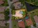 Aerial view of the property showing the pool, backyard, and surrounding landscape at 9124 Topneck St, New Port Richey, FL 34654