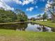 Scenic view of pond with lush landscaping, and blue sky at this desirable community at 9124 Topneck St, New Port Richey, FL 34654