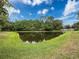 Scenic view of pond with lush landscaping, and blue sky at this desirable community at 9124 Topneck St, New Port Richey, FL 34654