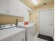 Clean laundry room with a washer, dryer, storage cabinets, utility sink and exterior door at 9216 Tarleton Cir, Weeki Wachee, FL 34613