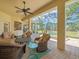 Covered patio area with comfortable seating, overlooking the pool and backyard at 9216 Tarleton Cir, Weeki Wachee, FL 34613