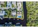 Aerial view of a waterfront home with a private pool and lush greenery in a quiet neighborhood at 9930 San Diego Way, Port Richey, FL 34668