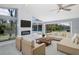Bright living room with modern fireplace, floor-to-ceiling windows, and comfortable seating at 9930 San Diego Way, Port Richey, FL 34668