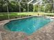 This screened-in pool features clear blue water, a stone surround, and views of the backyard at 12270 Clarendon Ct, Spring Hill, FL 34609