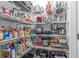 Organized pantry with wire shelving filled with a variety of food items and kitchen appliances at 16793 Forge Surf St, Land O Lakes, FL 34638