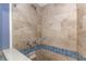 Shower with tile surround, including a soap holder, shower head, and blue accent border at 4932 Gaslight Ave, Holiday, FL 34690