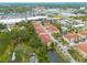 Aerial view displaying a neighborhood's condo units with ponds, interspersed by trees in the surrounding area at 5041 Royal Palms Way # 203, New Port Richey, FL 34652