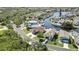 Aerial view featuring waterfront homes with canal access, lush landscaping, and a desirable coastal community at 6340 Spoonbill Dr, New Port Richey, FL 34652