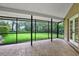 Screened in patio with patterned concrete and view of the manicured backyard at 642 Erin Way, Brooksville, FL 34601