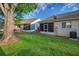 Spacious backyard with green grass, mature tree, and screened-in lanai at 6425 Thicket Trl, New Port Richey, FL 34653