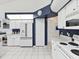 Bright kitchen featuring white cabinetry, appliances, and tile flooring with contrasting navy blue accents at 8001 Summerbreeze Ter, Spring Hill, FL 34606